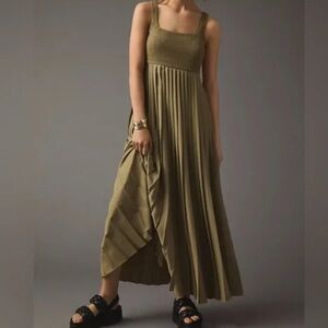 mare mare x ANTHROPOLOGIE Khaki Pleated Twofer Pleated Sleeveless Maxi Dress M